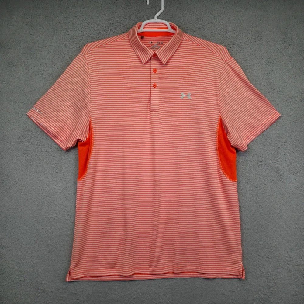 Under Armour Golf Polo Shirt Mens XL Orange Green Striped Stretch Sports Outdoor